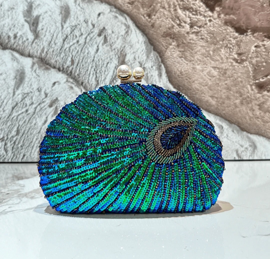 1pc Shiny Retro Sequin Decorated Clutch Bag, Classic Peacock Feather Pattern Evening Handbag, Women's Glittering Crossbody Bag,