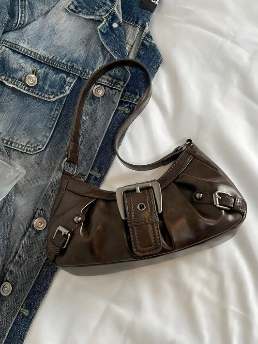1pc Women Retro Biker Chic Studded Adjustable Strap Crossbody Bag, Large Capacity Soft Gradient Leather Shoulder/Underarm Bag, Vintage Bag For Women