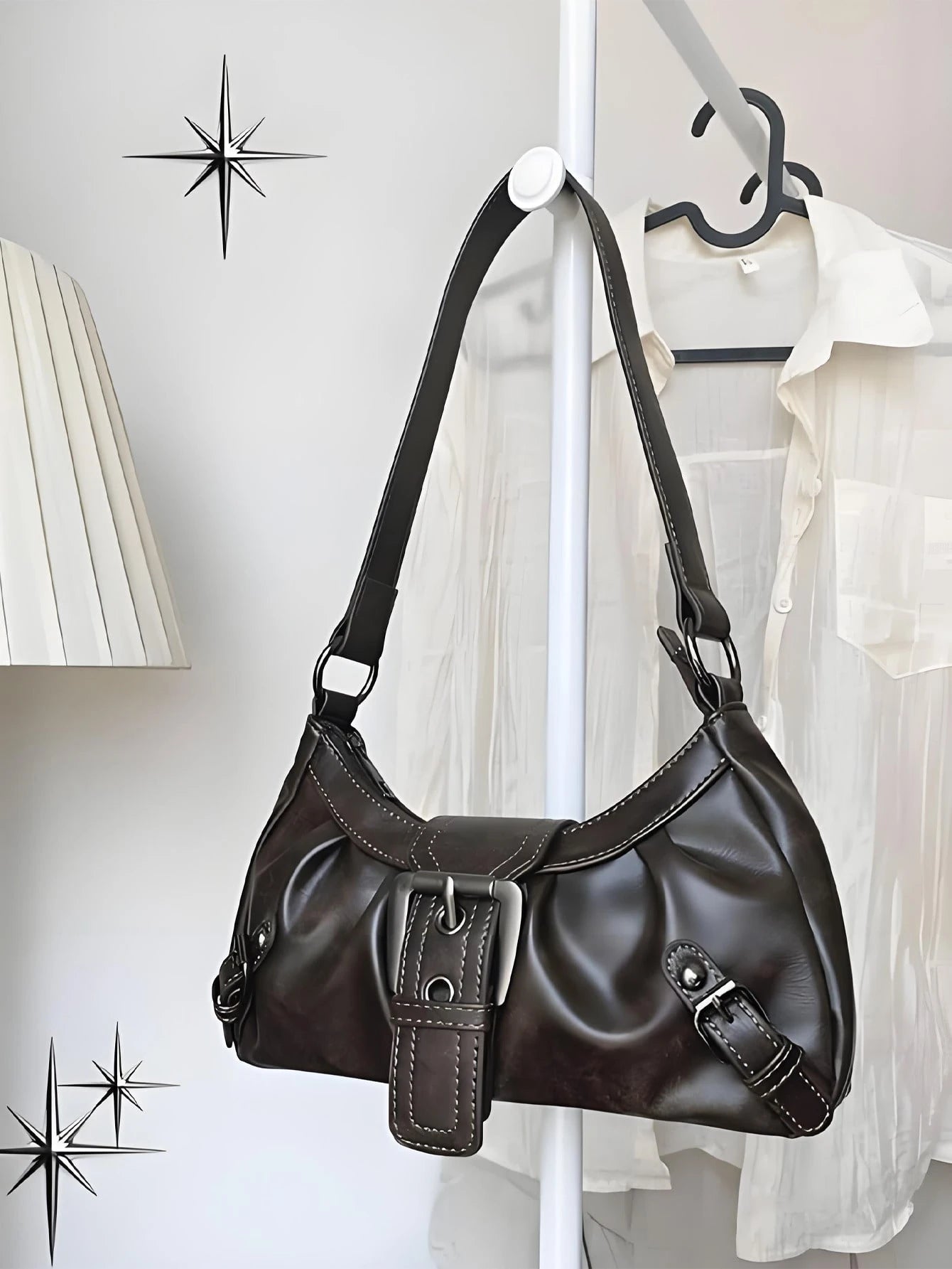 1pc Women Retro Biker Chic Studded Adjustable Strap Crossbody Bag, Large Capacity Soft Gradient Leather Shoulder/Underarm Bag, Vintage Bag For Women