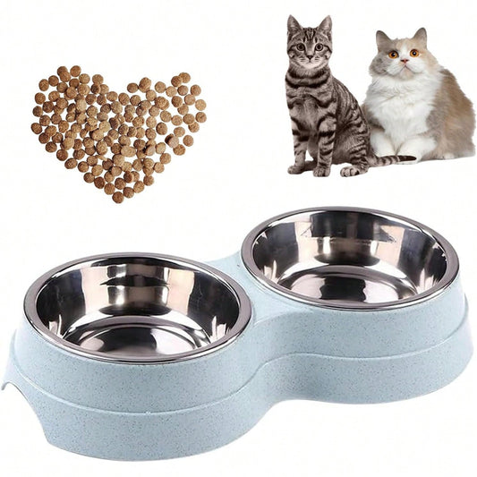 Double Cat Food Bowl -Stainless Steel Bowls With Easy-To-Clean Detachable Design, Non-Slip Base, Pet Feeder For Kittens And Medium Cats (Blue)