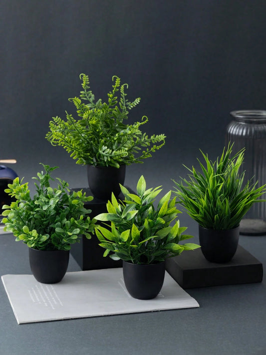 4 pc Artificial Plants, Green Artificial Potted Plants, Artificial Flower Pots, Plastic Artificial Flower Pots