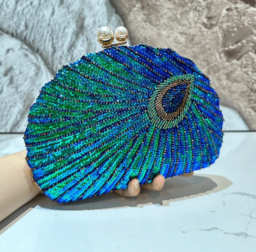 1pc Shiny Retro Sequin Decorated Clutch Bag, Classic Peacock Feather Pattern Evening Handbag, Women's Glittering Crossbody Bag,