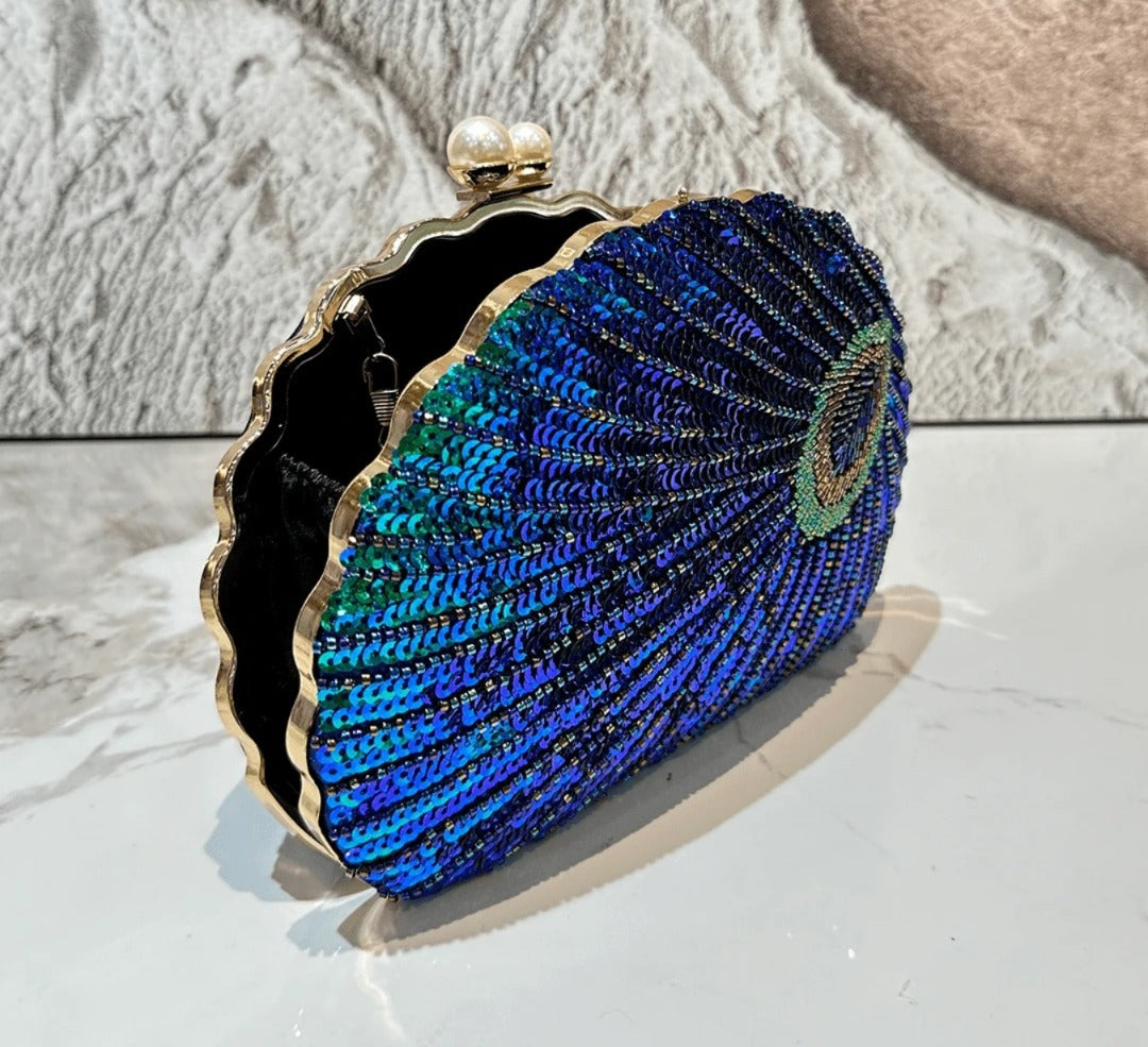 1pc Shiny Retro Sequin Decorated Clutch Bag, Classic Peacock Feather Pattern Evening Handbag, Women's Glittering Crossbody Bag,