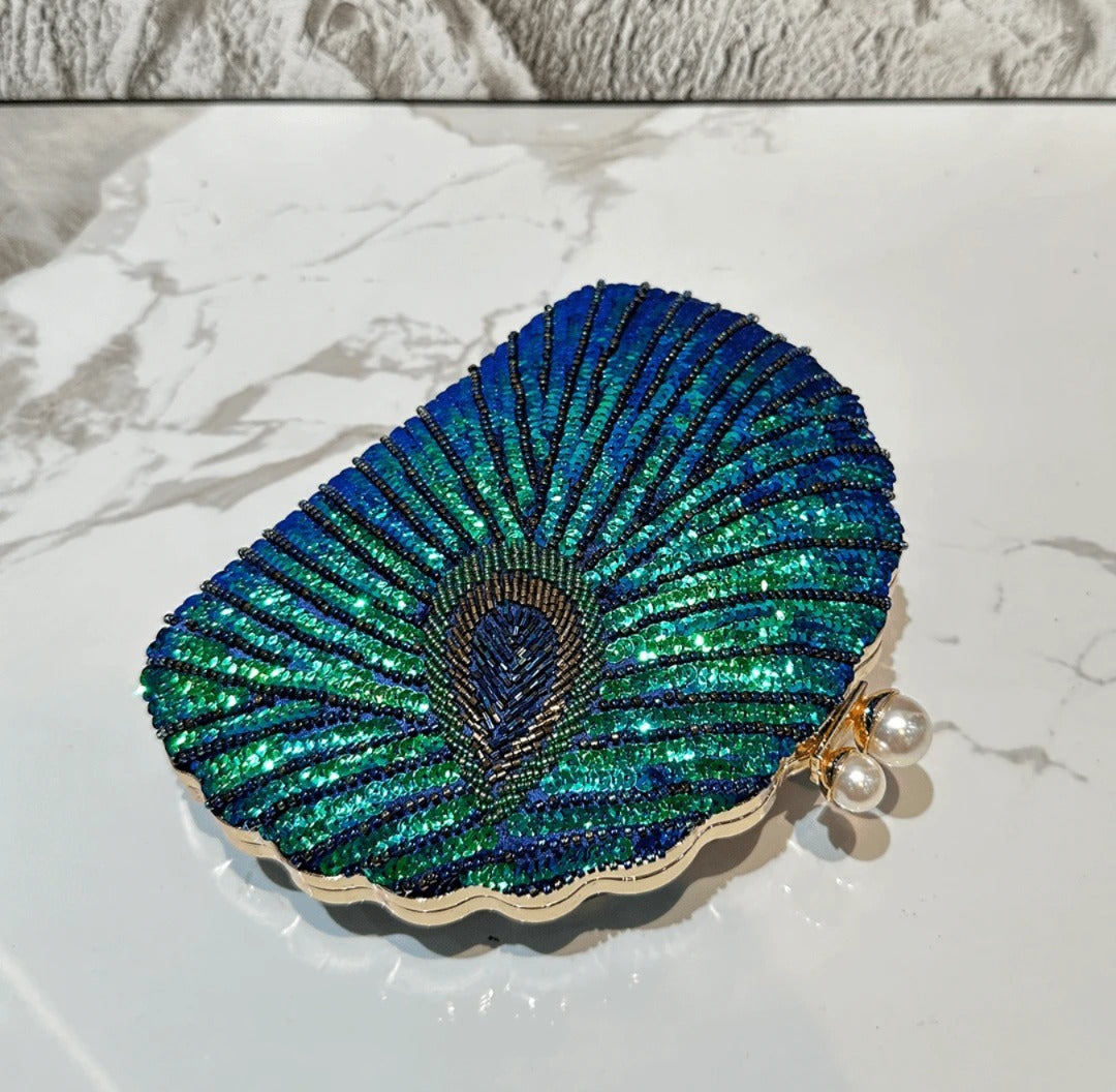 1pc Shiny Retro Sequin Decorated Clutch Bag, Classic Peacock Feather Pattern Evening Handbag, Women's Glittering Crossbody Bag,