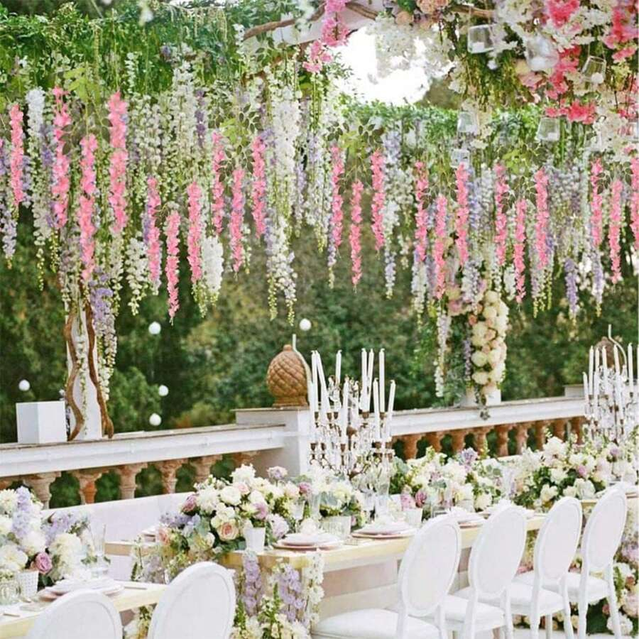 24pcs Set Wisteria Flower Garland, 3.75ft Artificial Flower Vine, Faux Hanging Wisteria Silk Flower Wreath, For Wedding, Garden, Wall Decor
