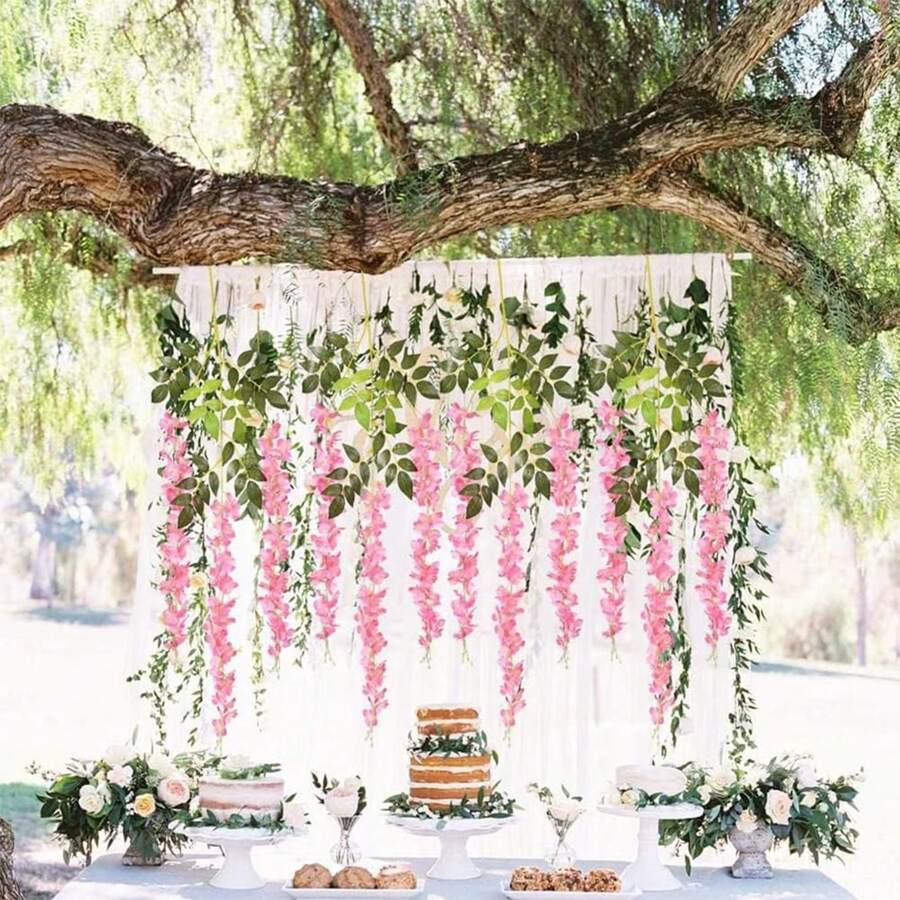 24pcs Set Wisteria Flower Garland, 3.75ft Artificial Flower Vine, Faux Hanging Wisteria Silk Flower Wreath, For Wedding, Garden, Wall Decor